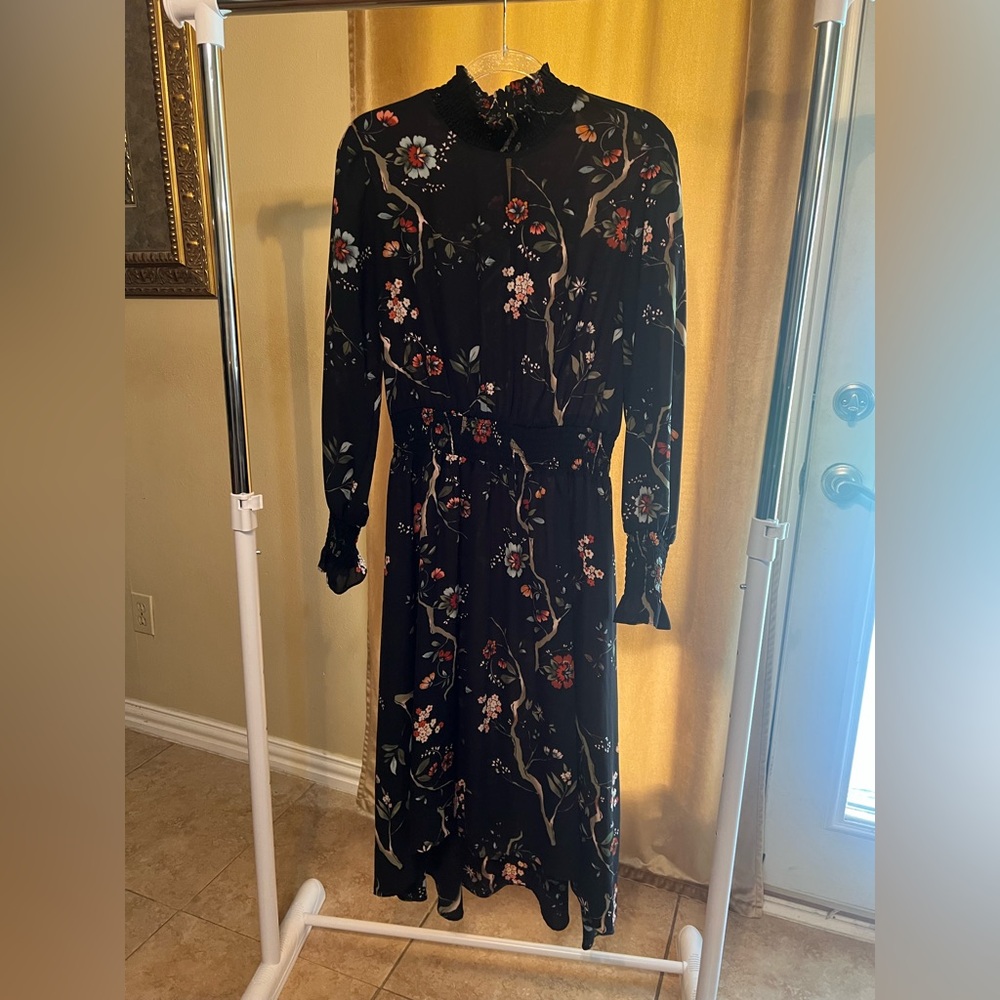 Nanette Lepore Black Floral Long-Sleeve Midi Dress